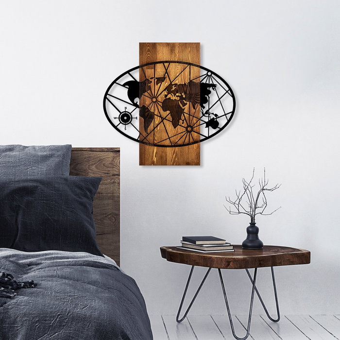 Wallity World Map 4-M Escultura de Pared en Nogal y Negro